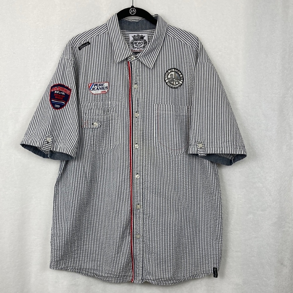 AKDMKS Men’s Seersucker Tour de Force Graphic Patch Casual Burton Down Shirt XL